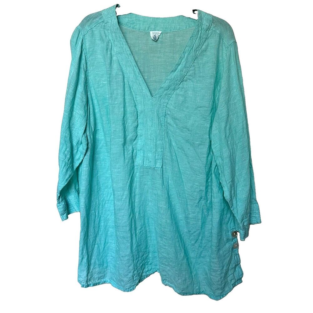 Sigrid Olsen Linen Blouse Womens 2X V-Neck Coastal Minimalist Beachy Top Teal